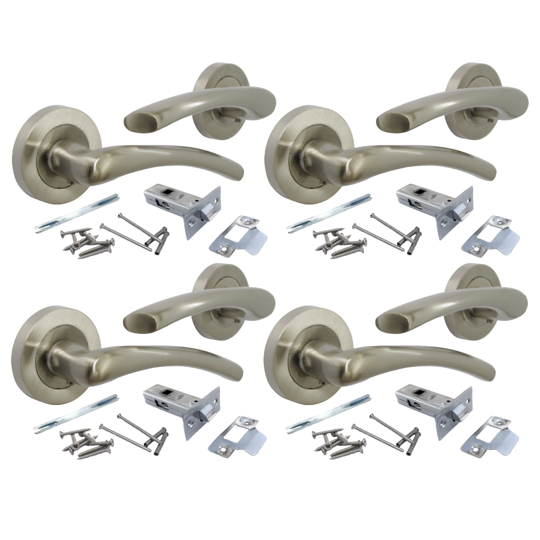 Zena Door Handle Modern Design Satin Nickel Lever on Rose Internal + Latch