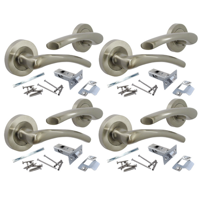 Zena Door Handle Modern Design Satin Nickel Lever on Rose Internal + Latch