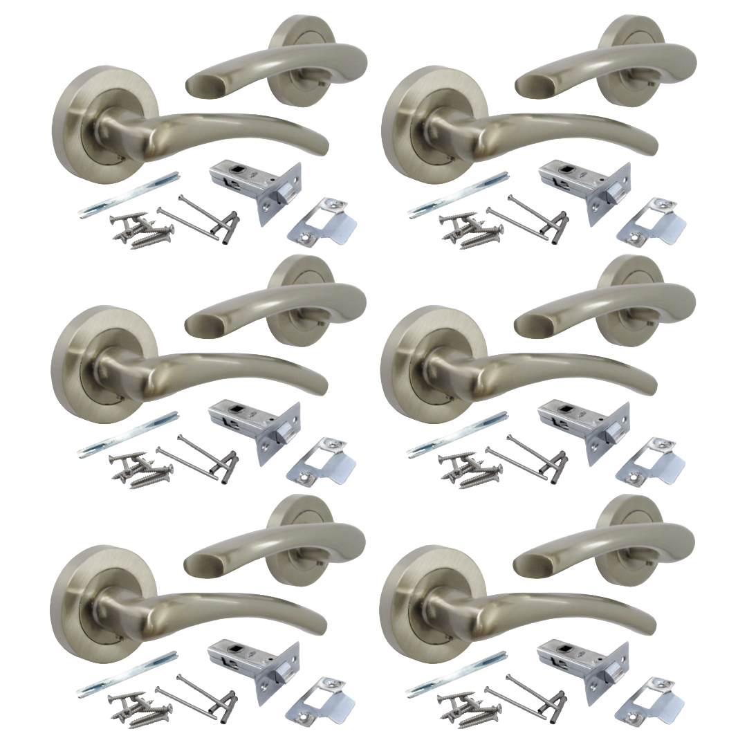 Zena Door Handle Modern Design Satin Nickel Lever on Rose Internal + Latch