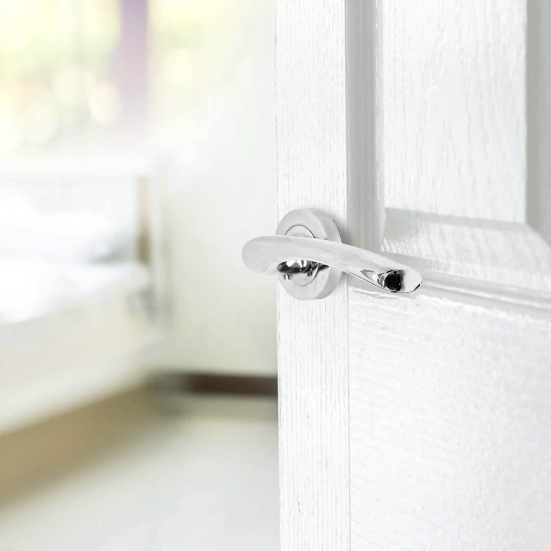 Zena Door Handle Modern Design Chrome Lever on Rose Internal + Latch