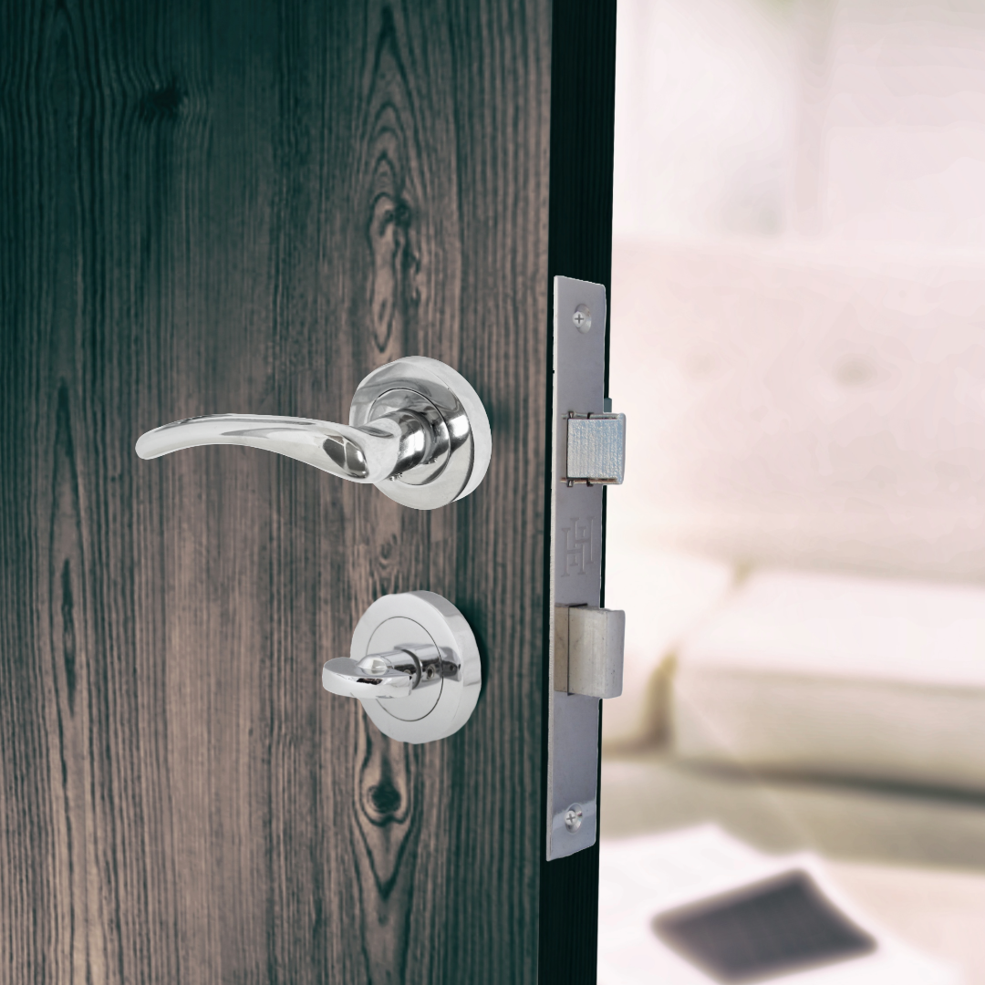 Zena Door Handle Bathroom Set Modern Chrome Lever on Rose Internal Thumbturn