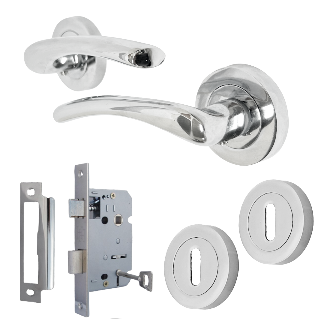 Zena Door Handle Lock Key Set Modern Chrome Lever on Rose Internal Escutcheon