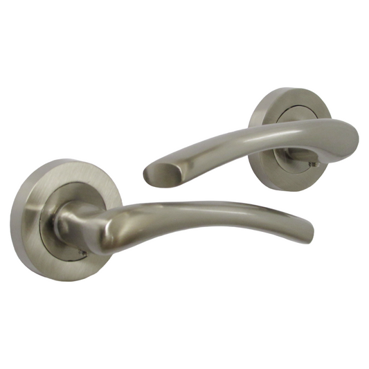 Zena Door Handle Modern Design Satin Nickel Lever on Rose Internal Latch Handles