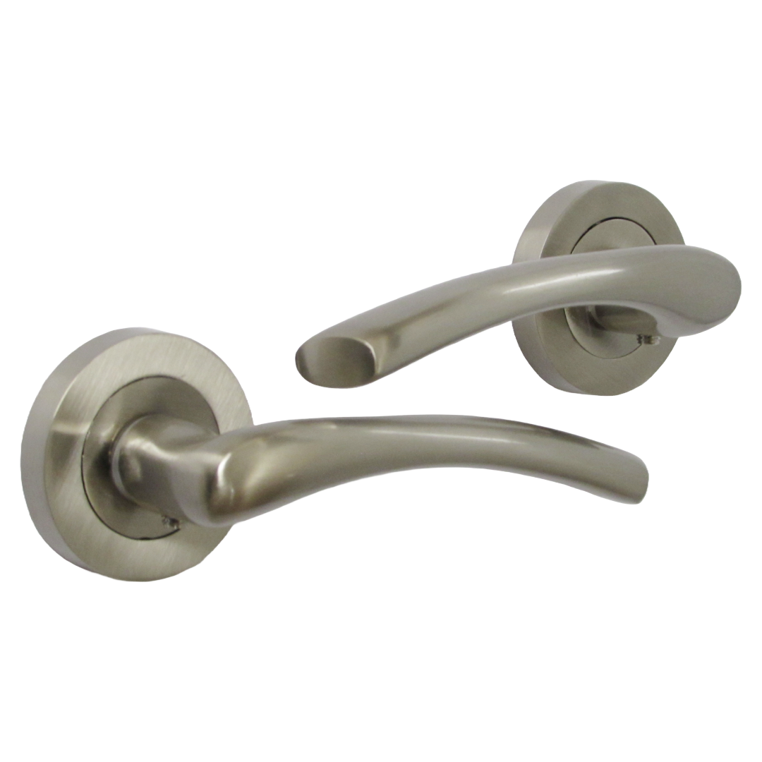 Zena Door Handle Modern Design Satin Nickel Lever on Rose Internal + Latch & Hinges