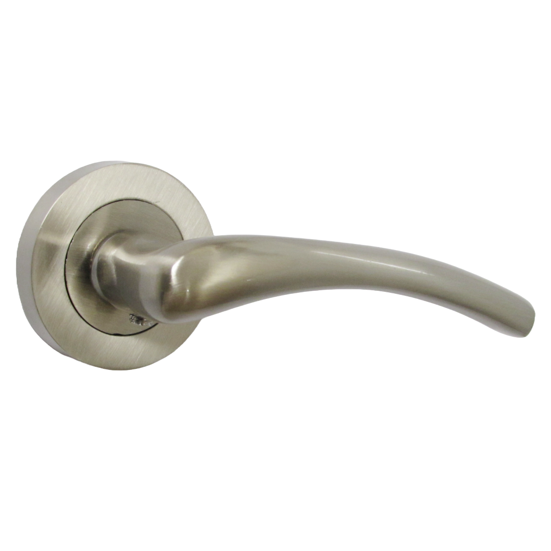 Zena Door Handle Modern Design Satin Nickel Lever on Rose Internal + Latch