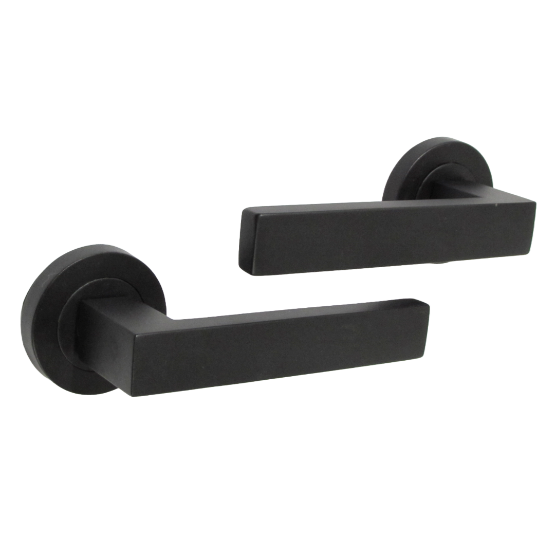 Cafri Door Handle Lock Key Set Modern Matt Black Lever on Rose Internal Escutcheon Pack