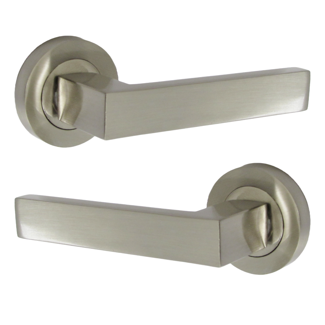 Cafri Door Handle Modern Satin Nickel Rectangular Lever on Rose Internal + 64mm Latch & Hinges