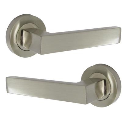 Cafri Door Handle Modern Satin Nickel Rectangular Lever on Rose Internal + 64mm Latch & Hinges