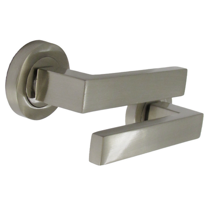 Cafri Door Handle Lock Key Set Modern Satin Nickel Rectangular Lever on Rose Internal Escutcheon
