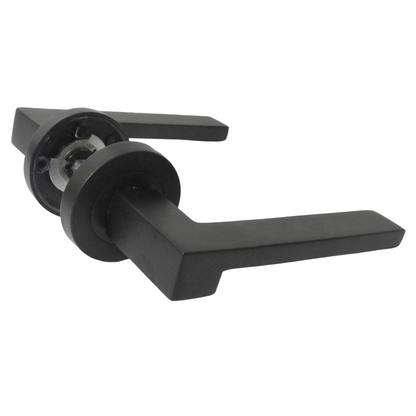 Poignée de porte UNO-3 moderne noire mate avec levier sur rosace, poignées intérieures + loquet et charnières de 64 mm