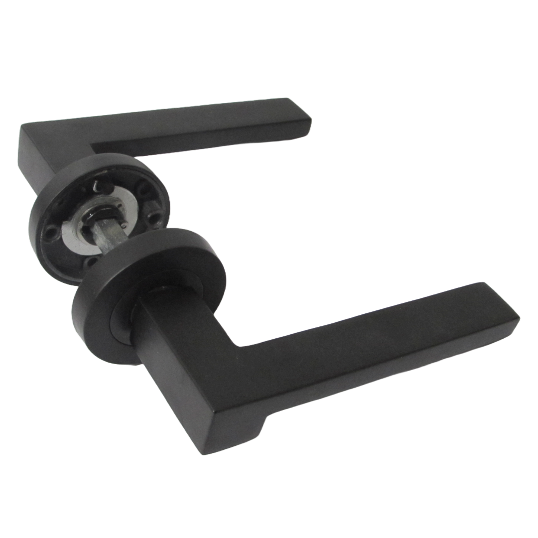 Poignée de porte UNO-3 moderne noire mate à levier sur rosace pour portes intérieures + loquet de 64 mm