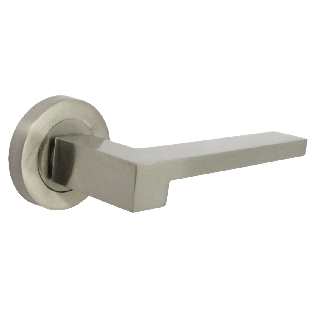 Poignée de porte de salle de bain UNO-3, ensemble moderne en nickel satiné, levier sur rosace, bouton-poussoir interne