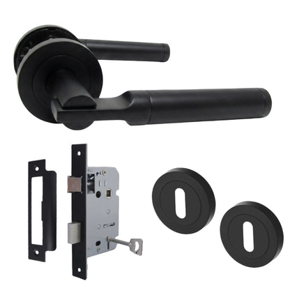 Electra Door Handles Latch Lever on Rose Matt Black Escutcheon Lock Pack