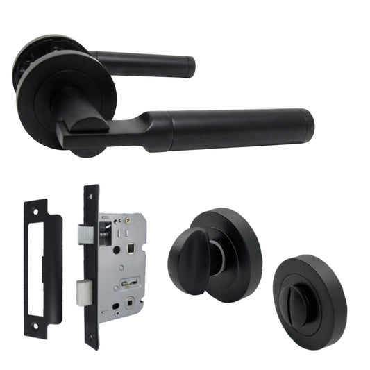 Electra Door Handles Latch Lever on Rose Matt Black Thumb Turn Bath Pack
