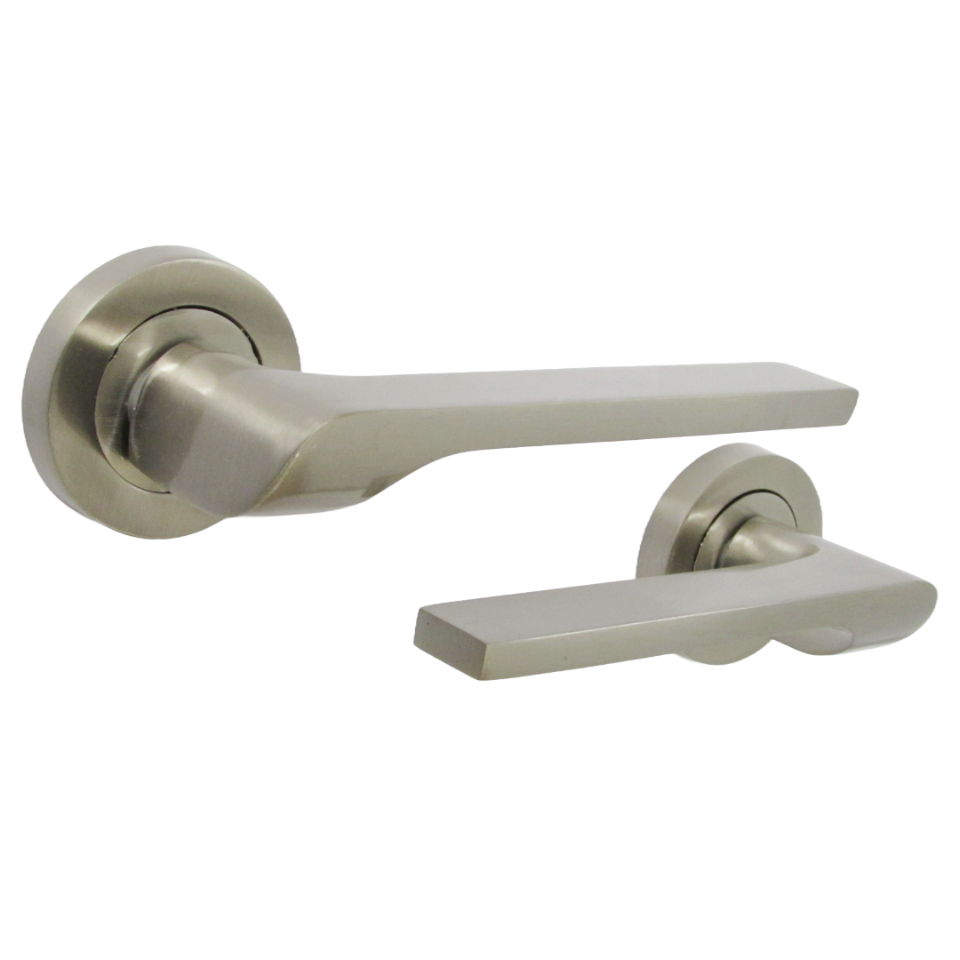 UNO-2 Door Handle Bathroom Set Modern Satin Nickel Lever on Rose Internal Thumbturn Pack