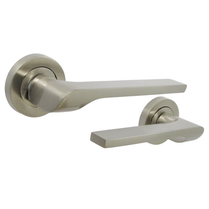 UNO-2 Door Handle Bathroom Set Modern Satin Nickel Lever on Rose Internal Thumbturn Pack