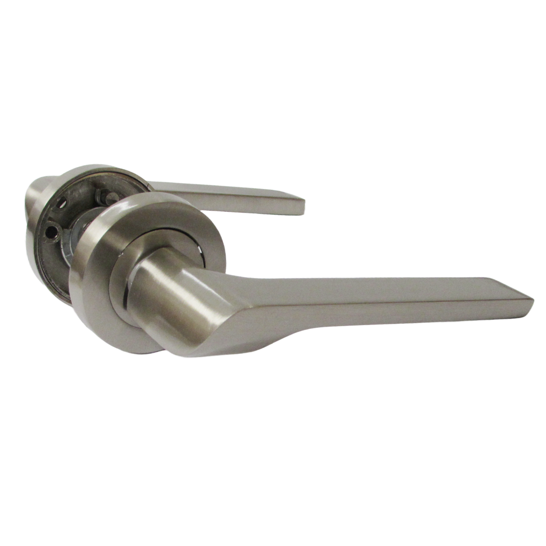 UNO-2 Door Handle Bathroom Set Modern Satin Nickel Lever on Rose Internal Thumbturn Pack