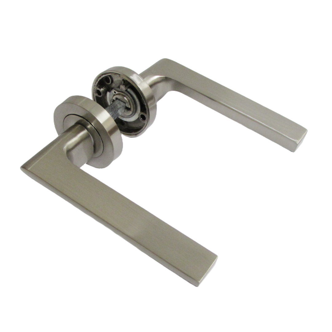 UNO-2 Door Handle Bathroom Set Modern Satin Nickel Lever on Rose Internal Thumbturn Pack