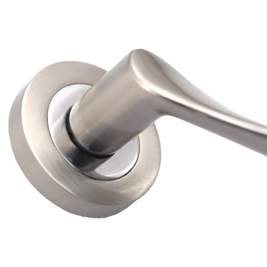 Astrid Door Handles Latch & Hinges Twist Lever on Rose - Satin Chrome 120mm
