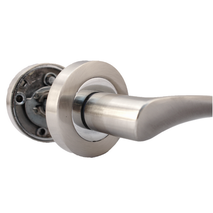 Astrid Door Handles Latch & Hinges Twist Lever on Rose - Satin Chrome 120mm