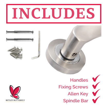 Astrid Door Handles Latch & Hinges Twist Lever on Rose - Satin Chrome 120mm