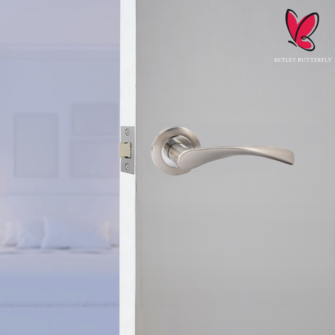 Astrid Door Handles Latch & Hinges Twist Lever on Rose - Satin Chrome 120mm