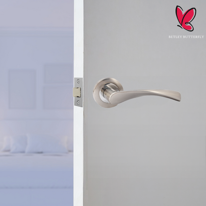 Astrid Door Handles Latch & Hinges Twist Lever on Rose - Satin Chrome 120mm