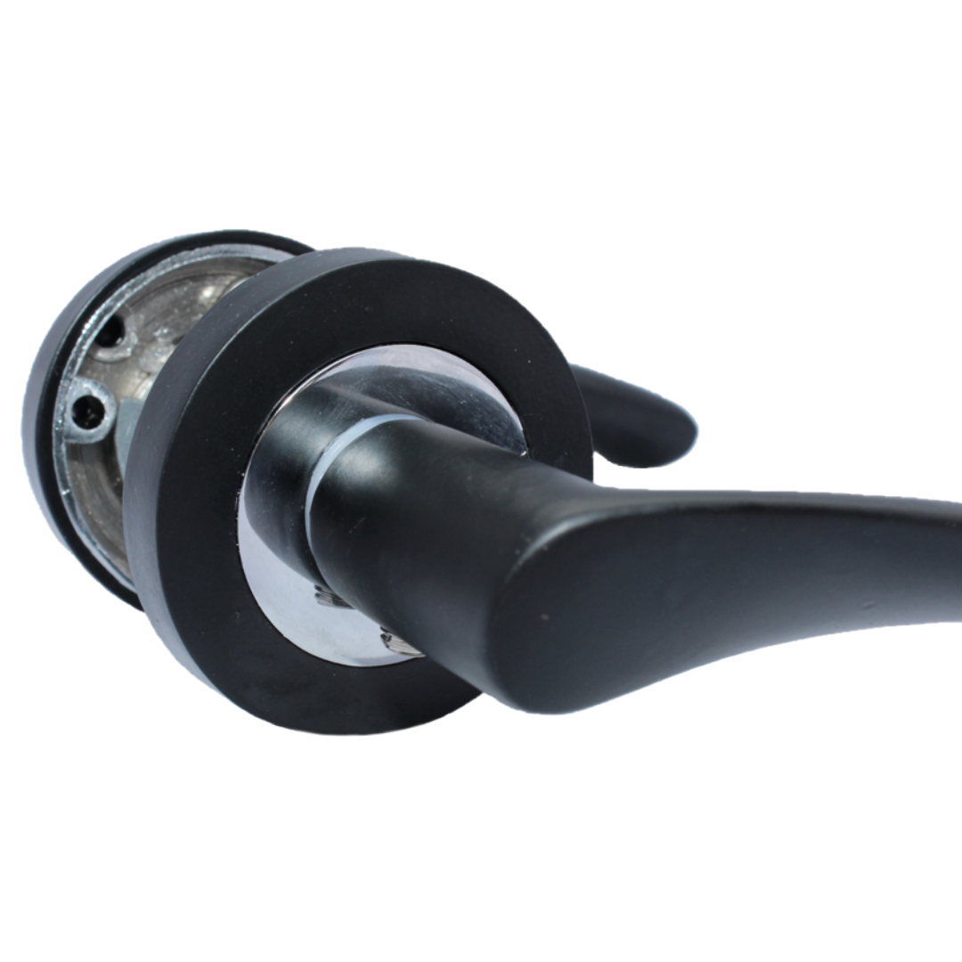 Astrid Door Handles Latch Twist Lever on Rose Duo - Matt Black Chrome 120mm