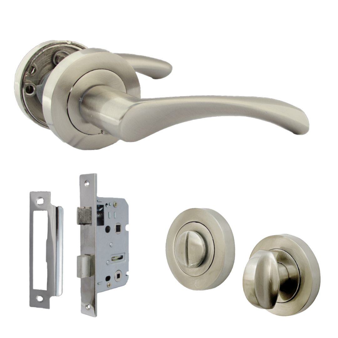 Poignées de porte Astrid à levier rotatif sur rosace satinée pour salle de bain, 120 mm