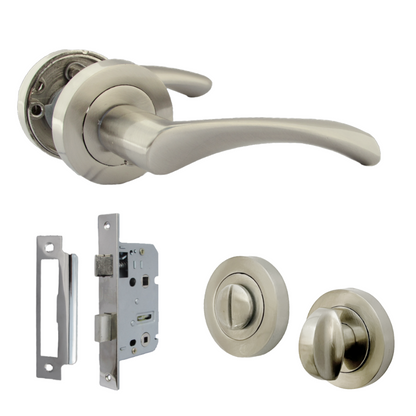 Poignées de porte Astrid à levier rotatif sur rosace satinée pour salle de bain, 120 mm