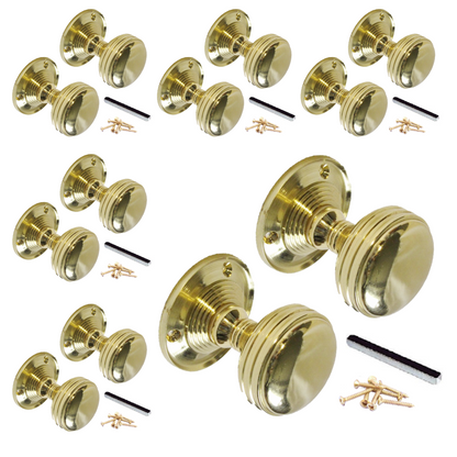 MULTIPACK Door Knobs Brass Mortice Round Reeded HEAVY Knob 1/4/6 Pairs