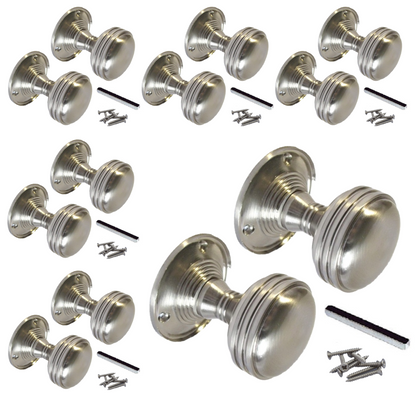Lot de 1/4/6 paires de boutons de porte ronds cannelés satinés à mortaise