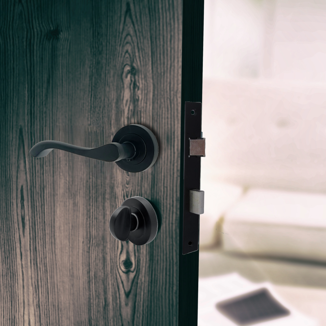 Poignée de porte Zena au design moderne, levier noir mat sur rosace, poignées à loquet interne