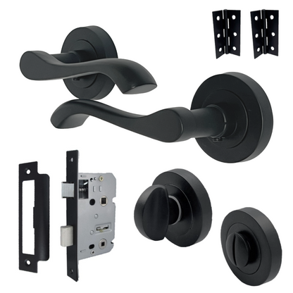 Poignée de porte Zena pour salle de bain, design moderne, noir mat, levier sur rosace, bouton-poussoir interne