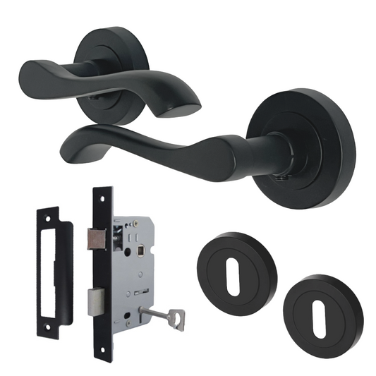 Cadenza Door Handle Lock Key Set Modern Design Matt Black Lever on Rose Internal Escutcheon