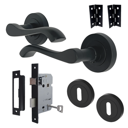 Cadenza Door Handle Lock Key Set Modern Design Matt Black Lever on Rose Internal Escutcheon