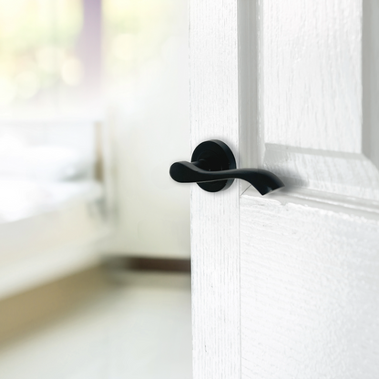 Poignée de porte Zena au design moderne, levier noir mat sur rosace, poignées à loquet interne