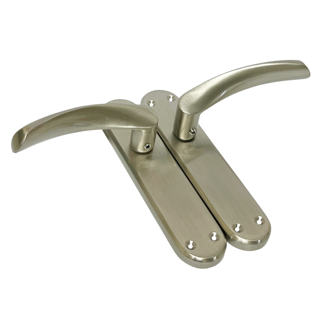 London Astrid Twist Door Handle Satin Nickel Lever on Backplate with Latch Hinges
