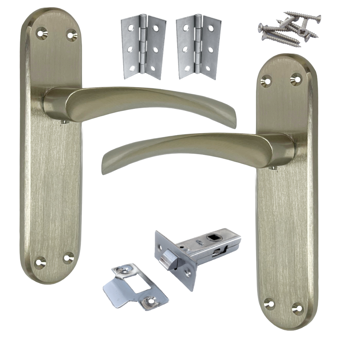 London Astrid Twist Door Handle Satin Nickel Lever on Backplate with Latch Hinges