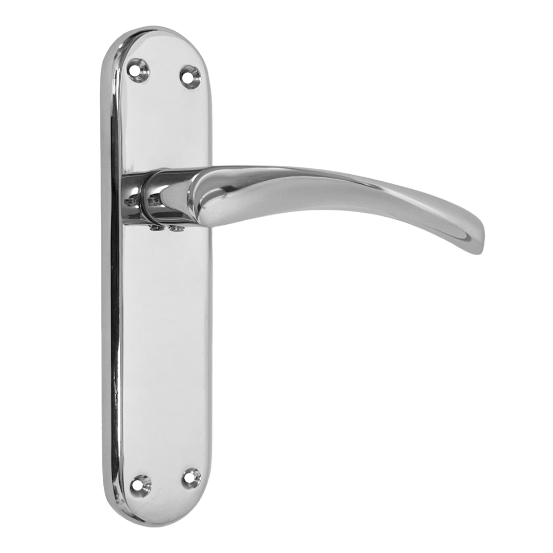 London Astrid Twist Door Handle Polished Chrome Lever on Backplate with Latch Hinges