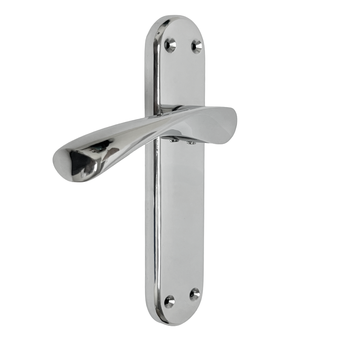London Astrid Twist Door Handle Polished Chrome Lever on Backplate with Latch Hinges