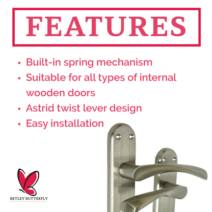 London Astrid Twist Door Handle Satin Nickel Lever on Backplate with Lock and Key