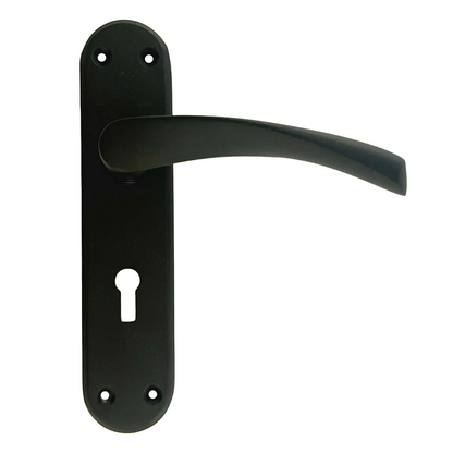 London Astrid Twist Door Handle Matt Black Lever on Backplate with Lock Key Hinges