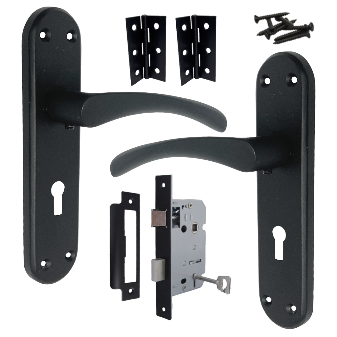 London Astrid Twist Door Handle Matt Black Lever on Backplate with Lock Key Hinges