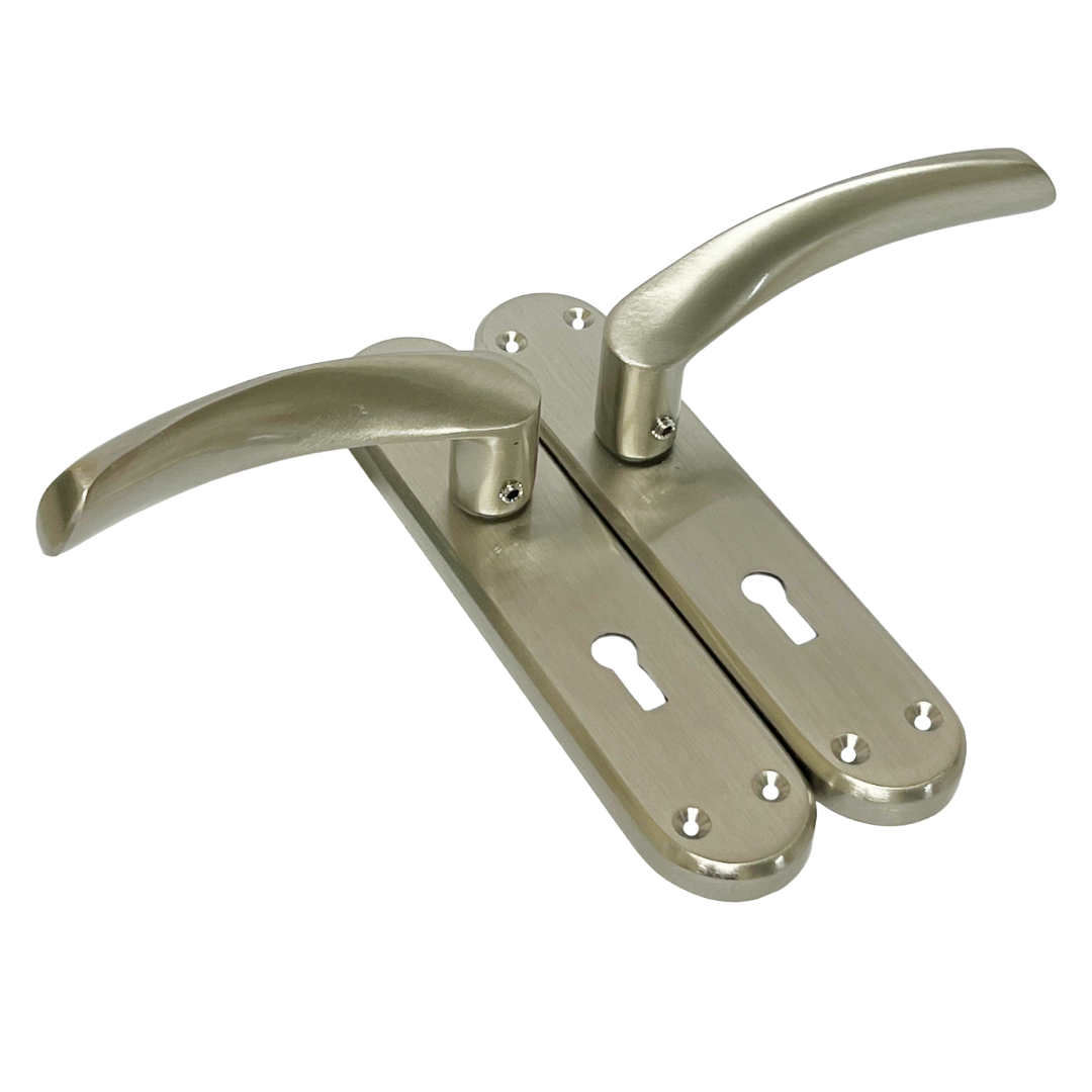 London Astrid Twist Door Handle Satin Nickel Lever on Backplate with Lock and Key