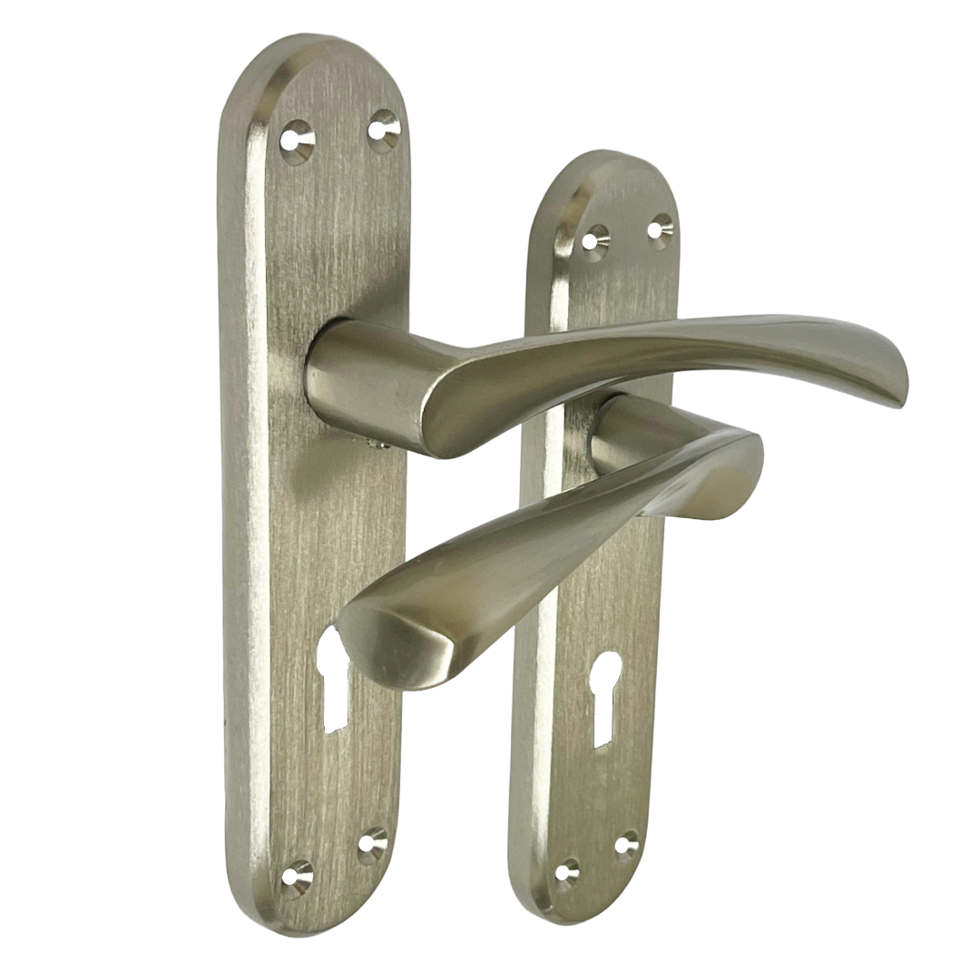 London Astrid Twist Door Handle Satin Nickel Lever on Backplate with Lock and Key