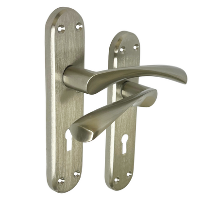 London Astrid Twist Door Handle Satin Nickel Lever on Backplate with Lock and Key