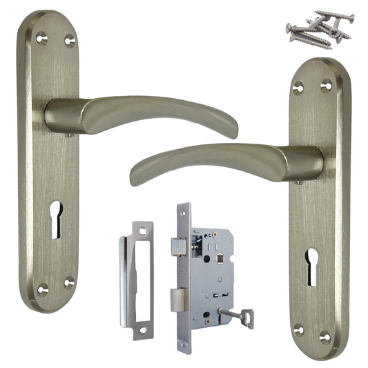 London Astrid Twist Door Handle Satin Nickel Lever on Backplate with Lock and Key
