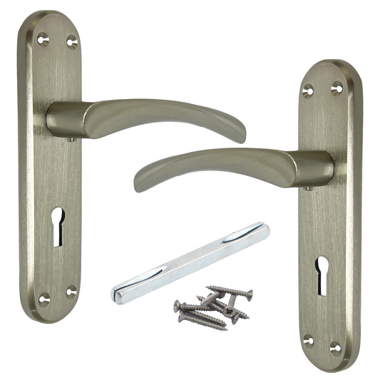 London Astrid Twist Door Handle Satin Nickel Lever on Backplate Lock Handles