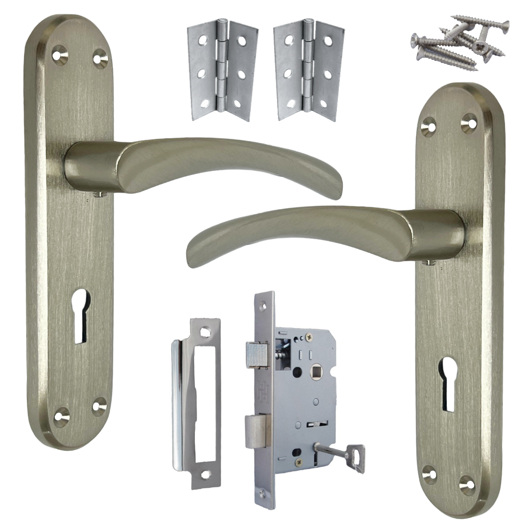 London Astrid Twist Door Handle Satin Nickel Lever on Backplate with Lock Key Hinges